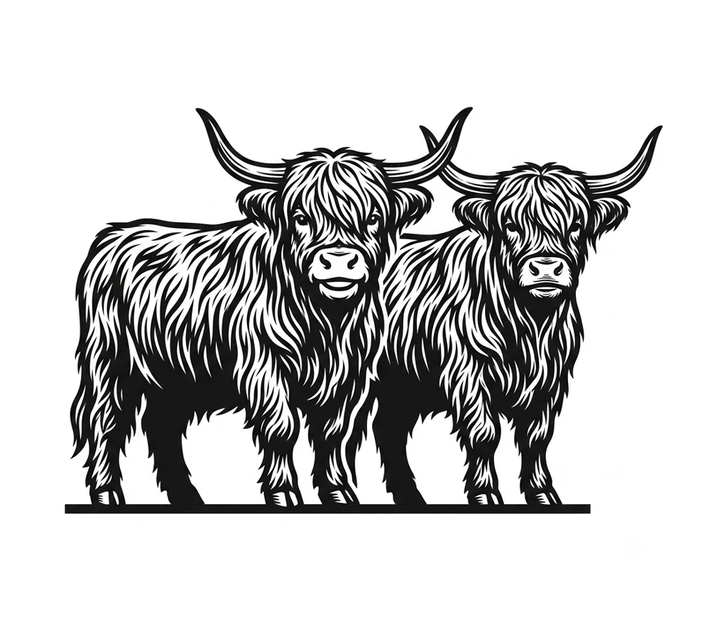 Line drawing of two Highland cattle, the study system for the dissertation